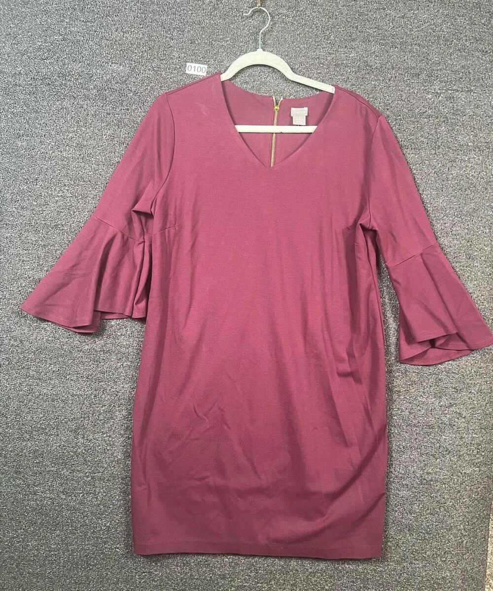 Chico's Ponte Flare Sleeve Sheath Dress V-Neck Women's Size 2.5P (14P) Maroon